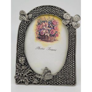 Pewter Garden Flowers Butterfly Picture Frame 3.5" x 5". Easel Back